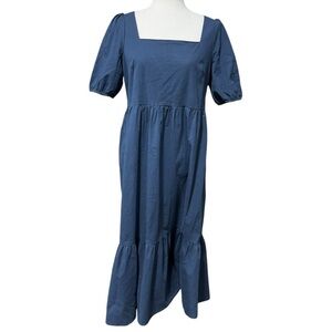 Downeast Navy Tiered Maxi Dress Medium Cottagecore Square Neck Puff Sleeve Blue